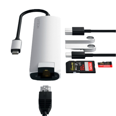 Adaptador USB-C branco com Ethernet, dispositivos USB, cartões SD e cabo Ethernet