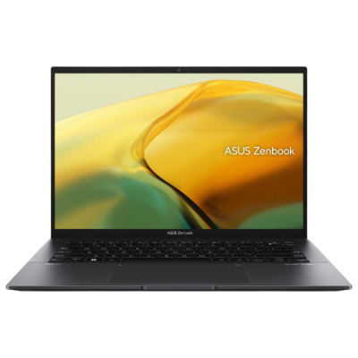 Computador portátil ASUS Zenbook com ecrã ligado e teclado preto