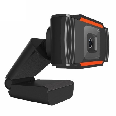 Webcam preta com detalhes em laranja e cinza com base articulada