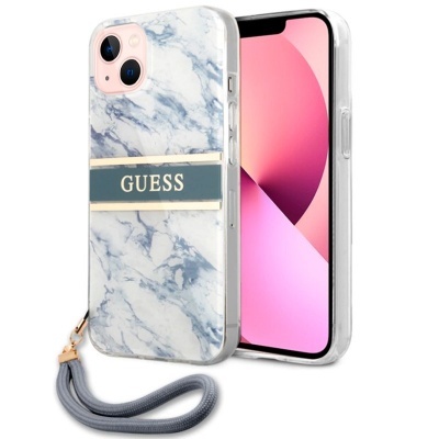 Capa para smartphone com padrão mármore e texto GUESS