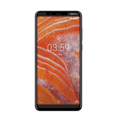 Smartphone Nokia preto com ecrã exibindo padrão laranja e branco e hora 03:59
