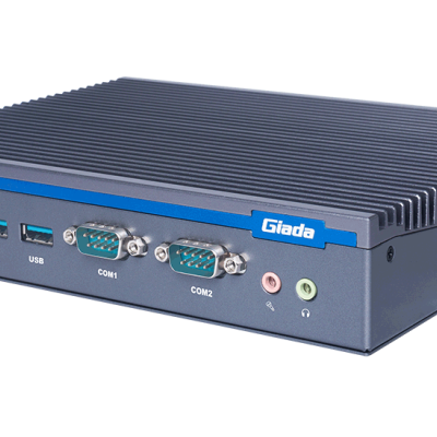 Computador compacto Giada cinzento com portas USB, COM, botão de ligar e entradas áudio