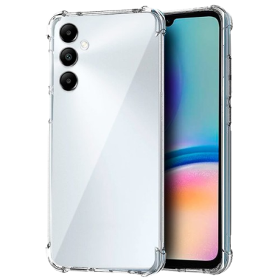 Smartphone branco com capa transparente e três câmaras traseiras