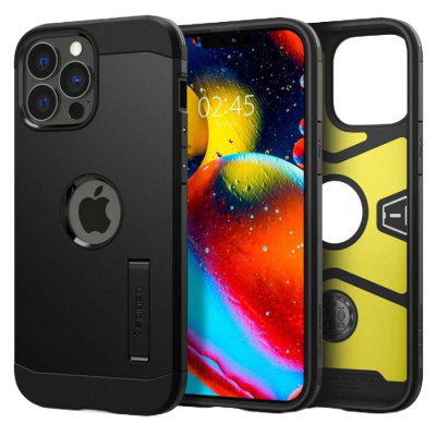 Capas para telemóvel iPhone em preto e amarelo com detalhes em relevo e texto Spigen