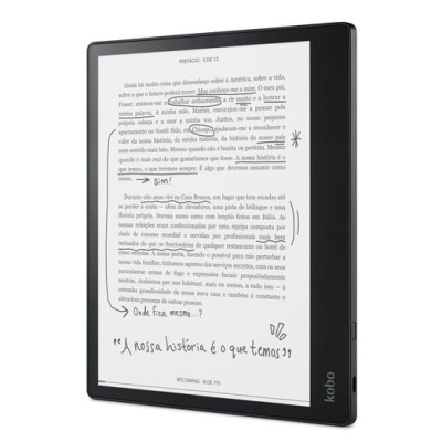 Leitor de e-books Kobo com texto e anotações manuscritas no ecrã