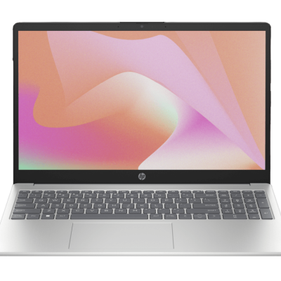 Computador portátil HP prateado com ecrã aberto e teclado preto