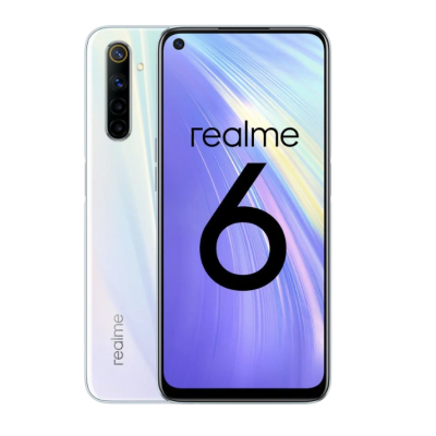 Smartphone realme 6 com ecrã frente e traseira branca com câmara quadrupla.
