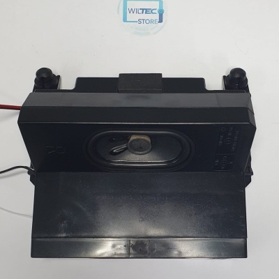 Caixa acústica preta com alto-falante oval e cabos de ligação