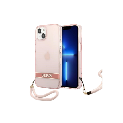 Smartphone com capa protetora rosa com texto GUESS e correia