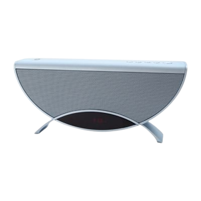 Coluna de som semicircular cinza com suporte prateado e ecrã digital vermelho