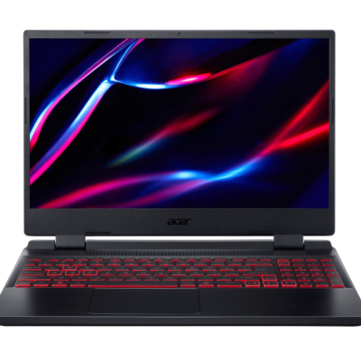 Computador portátil Acer preto com teclado retroiluminado vermelho e ecrã com gráficos coloridos