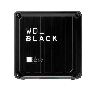 Caixa WD Black D50 Game Dock NVMe SSD preta com texto branco e linhas verticais