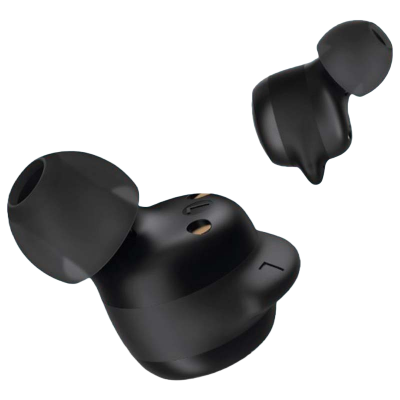 Auriculares sem fios pretos com pontas de silicone e letras L e R