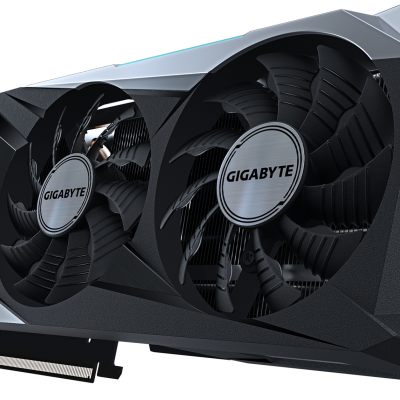 Placa gráfica Gigabyte preta com três ventoinhas e design geométrico