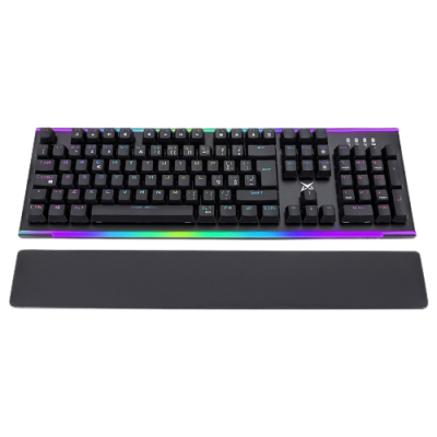 Teclado mecânico preto com iluminação RGB e apoio de pulso preto