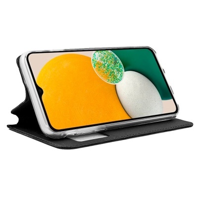 Capa preta para smartphone com telemóvel em suporte horizontal e ecrã colorido abstrato