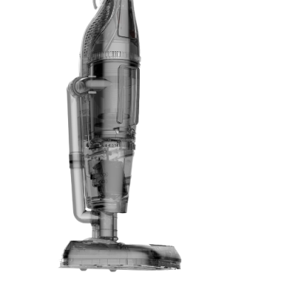 Aspirador vertical transparente com componentes internos visíveis