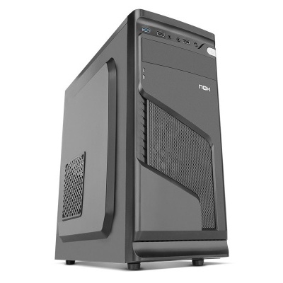 Computador torre cinza escuro e preto com marca Nexx