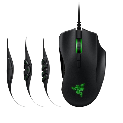 Rato de jogos preto com iluminação verde e acessórios laterais