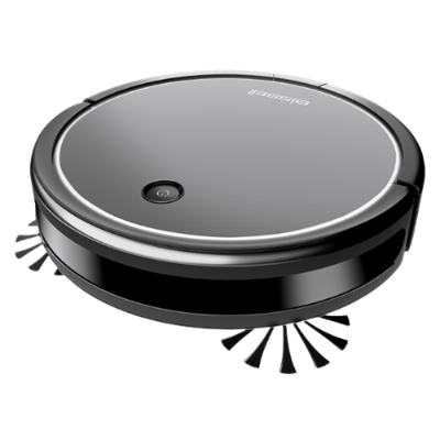 Aspirador robô preto redondo com botão no topo e escovas laterais