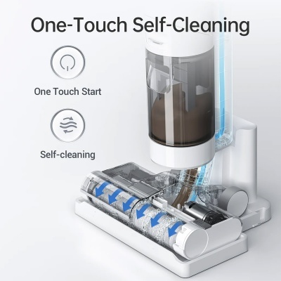 Dispositivo branco de limpeza automática de escova de aspirador com texto One-Touch Self-Cleaning