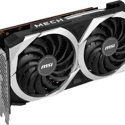 Placa gráfica MSI MECH Radeon preta e prateada com duas ventoinhas grandes