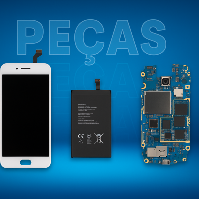 Componentes de telemóvel: ecrã, bateria e placa eletrónica