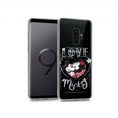Telemóvel Samsung Galaxy S9 com capa de Mickey e Minnie em coração e texto LOVE Mickey