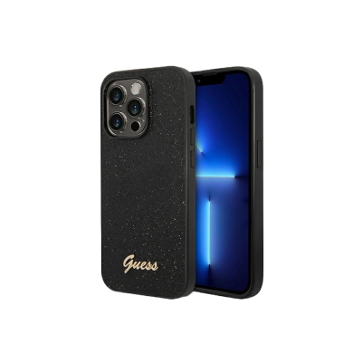 Smartphone com capa protetora Guess preta com brilho e ecrã azul