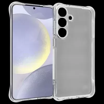 telemóvel com capa protetora transparente e ecrã ligado com padrão azul e amarelo