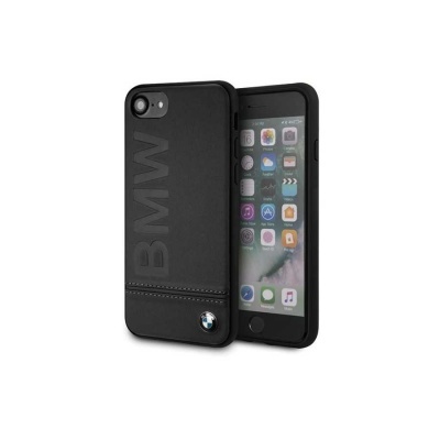 Capa preta de telemóvel BMW em pele sintética com logo e texto BMW em relevo.