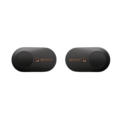 Auriculares sem fios pretos Sony com detalhes em laranja.