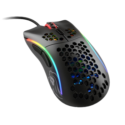 Rato de gaming preto com iluminação RGB e padrão hexagonal