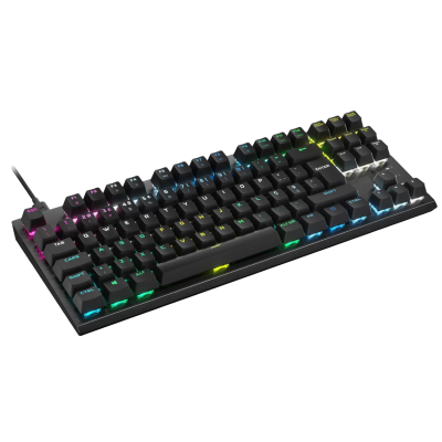 Teclado mecânico preto com luzes RGB coloridas