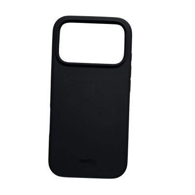Capa de telemóvel preta com texto 'tecfy.' e abertura para câmara