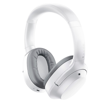 Auricular sem fios branco com almofadas cinza