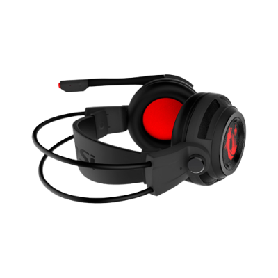 Headset preto com detalhes vermelhos e microfone