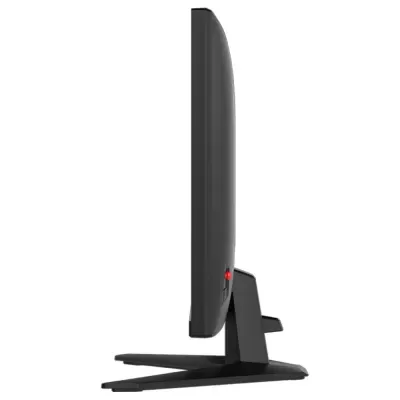 Monitor preto fino visto de perfil com base em V e botão vermelho