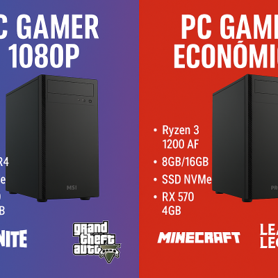 Imagem comparativa de dois PCs gamers com especificações técnicas e jogos indicados.