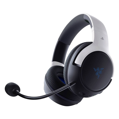 Auricular de gaming preto e branco com microfone e logótipo azul