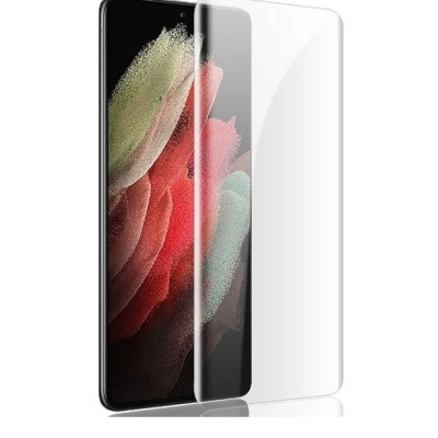 Smartphone com padrão colorido no ecrã e protetor de ecrã transparente sobre fundo branco