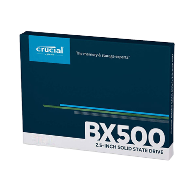 Embalagem azul escura de SSD Crucial BX500 com texto branco.