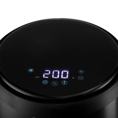 Painel de controlo digital de aparelho elétrico preto com número 200 e botões iluminados a azul