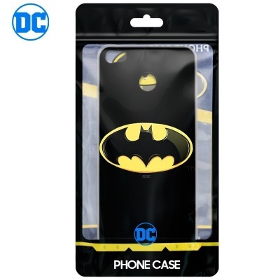 Capa de telemóvel preta com logo amarelo do Batman embalada em plástico preto e amarelo