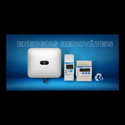 Dispositivos eletrónicos para energias renováveis sobre fundo azul com texto 'ENERGIAS RENOVÁVEIS'.