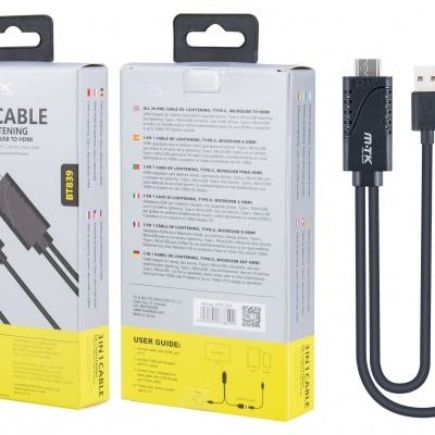 Cabo 3 em 1 preto com conectores Lightning, USB e USB-C e embalagem