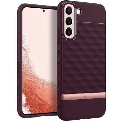 Capa protetora roxa para smartphone com detalhe metálico rosa dourado e padrão geométrico