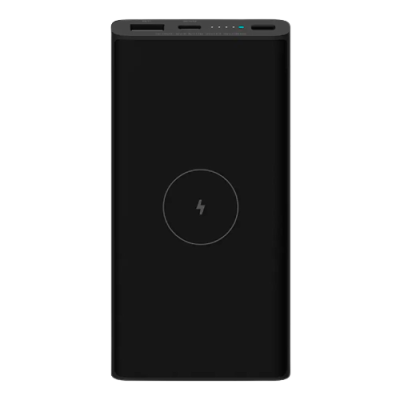 Banco de energia portátil preto com ícone de raio no centro