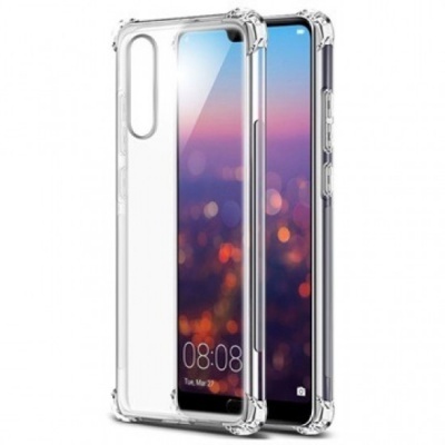 Capa transparente de silicone para smartphone com bordas reforçadas e telemóvel com ecrã ligado