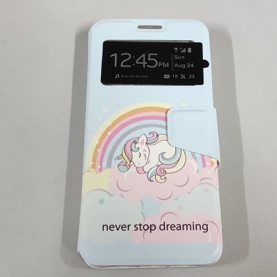 Capa para telemóvel com unicórnio e texto 'never stop dreaming'
